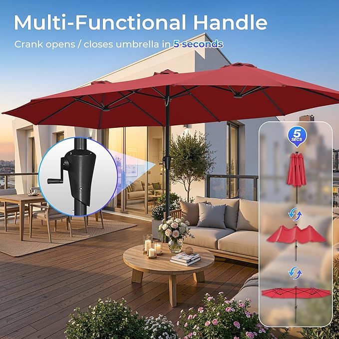 SUPERJARE 15FT Outdoor Umbrella for Patio, Double sided Pool Umbrellas with Fade Resistant Canopy, Large Table Umbrella for Deck, Market, Backyard - Burgundy