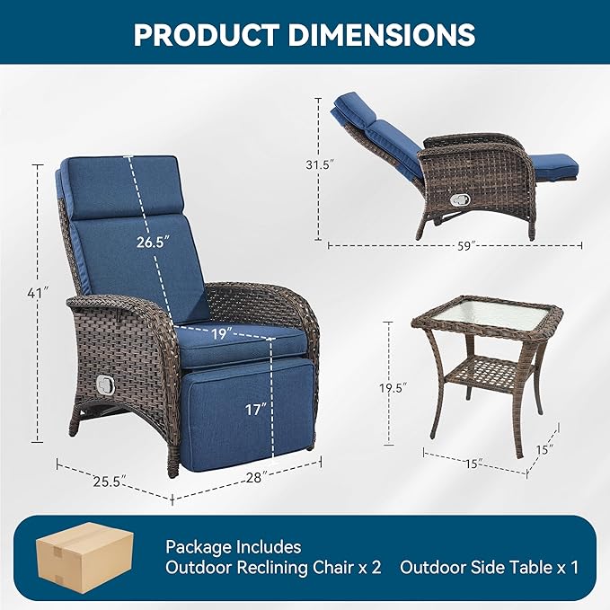 3 Pieces Zero Gravity Wicker Patio Recliner Chairs Set of 2 - Wicker Outdoor Lounge Chair with Side Table, Adjustable Backrest & Footrest, High Back Outdoor Recliner Chair for Pool Deck Blue