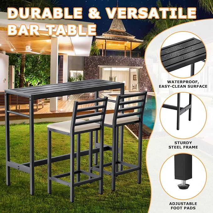 Outdoor Patio Bar Set 3 Piece,50" Rectangular Counter Height High Top Bar Tables, 2 Cushioned 41" Bar Stools, Metal Bar Table and Chairs Set for Poolside, Balcony, Backyard, Porch
