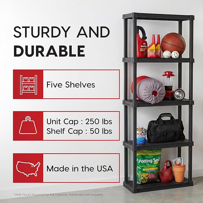 IRIS USA 5-Shelf Light Duty Plastic Storage Shelves, 250lb Capacity, 64" H x 24" W x 12" D, Medium Modular Shelving Unit Storage Organizer for Bathroom, Laundry, Garage & Home, Storage Rack - Black