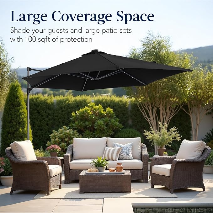 Best Choice Products 10ft Solar LED Offset Cantilever Hanging Market Patio Umbrella, Smooth 360° Rotation, 8 Sturdy Ribs, Easy Adjustment - Black
