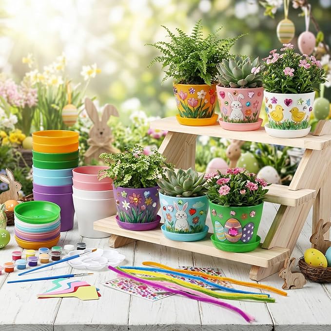 24 Set Garden Plastic Paintable Flower Pot Craft Kit 4" Starter Pots DIY Painting Party Supplies with Acrylic Paint Strips Gardening Kit for Planting Crafts Birthday Easter Spring Gift