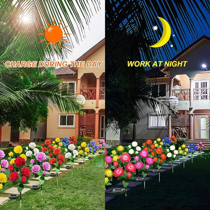 Solar Flower Lights Outdoor - Upgraded Realistic LED Solar Powered Waterproof Lights with 5 Roses, Solar Decorative Stake Light for Garden (Blue, 2 Pack)