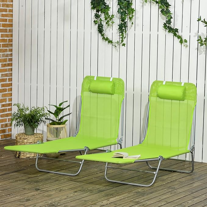 Outsunny 2 Piece Folding Chaise Lounge Chairs, Pool Sun Tanning Chairs with Reclining Back, Breathable Mesh Seat, Headrest for Beach, Yard, Patio, Green