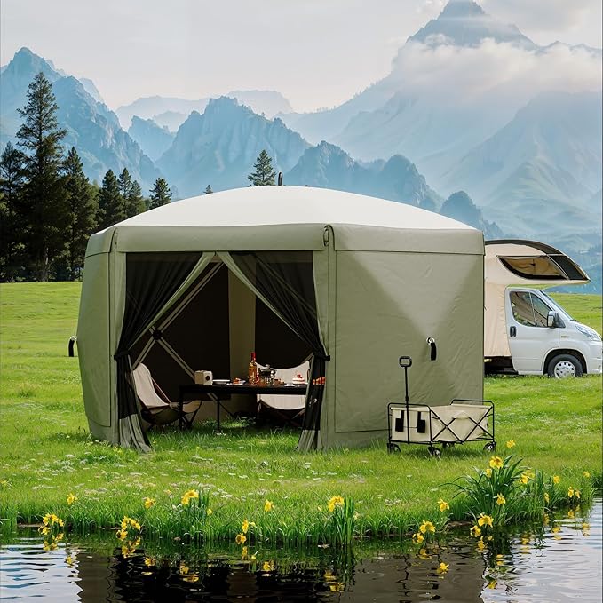 11.5x11.5FT 6-Sided Pop Up Gazebo Tent，One-Push Setup Canopy Tent with Mesh Panels & Removable Wind Cloths, Outdoor shelter for Camping, Backyard Parties, Outdoor Events - Army Green