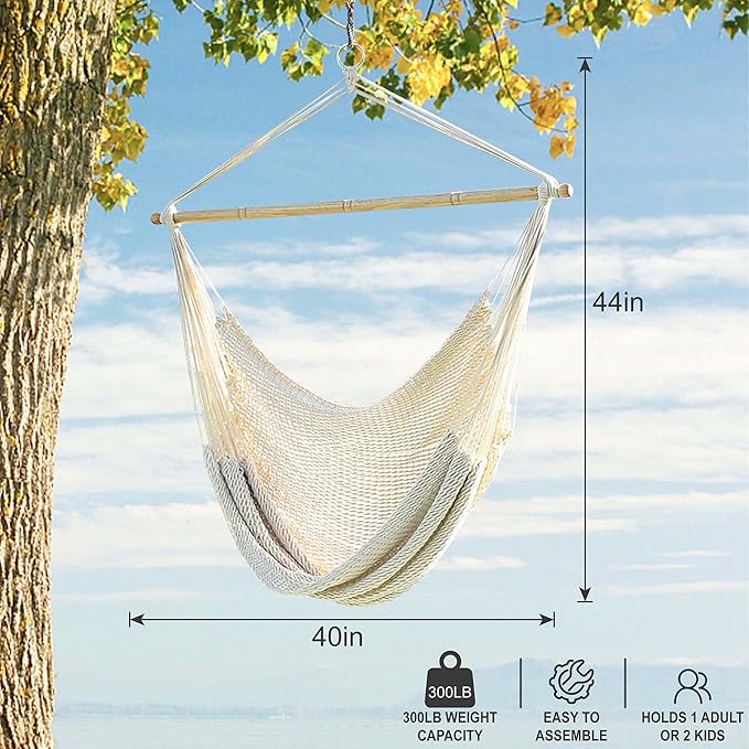 Lazy Daze Hammocks Chair Caribbean Hanging Rope Weaving Chair with 40" Hardwood Spreader Bar and Soft-Spun Cotton Rope for Indoor/Outdoor Backyard & Living Room, Max 300 LBS, Natural