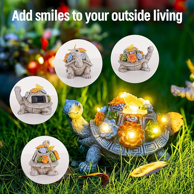Solar Garden Outdoor Statues with Succulent and 7 LED Lights - Lawn Decor Tortoise Statue for Patio, Balcony, Yard Ornament - Unique Housewarming Gifts (Gray Turtle)