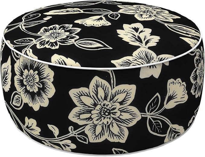 LVTXIII Indoor/Outdoor Inflatable Ottoman with Handle D21 x H9 Inch, Weather-Resistant Round Footstool Pouf for Patio Camping Living Room, Portable Footrest Extra Seating, Elegant Vines Black