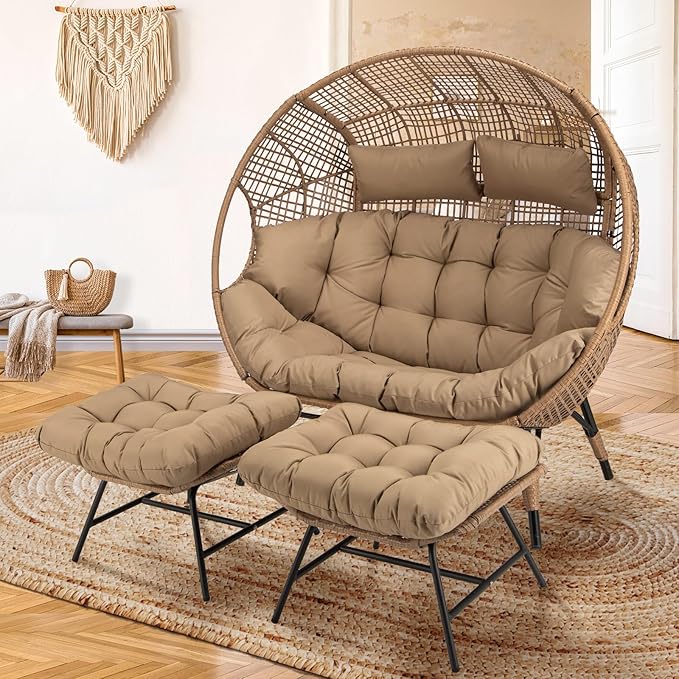 NICESOUL Indoor Outdoor Double Egg Chair with Footstools & 6.5" Thick Cushions, Oversized Wicker Egg Shaped Chair with Footrest, Stationary 2 Seater Comfy Loveseat for Patio Backyard Garden Sunroom