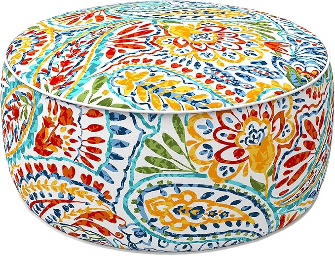 LVTXIII Indoor/Outdoor Inflatable Ottoman with Handle D21 x H9 Inch, Weather-Resistant Round Footstool Pouf for Patio Camping Living Room, Portable Footrest Extra Seating, Paisley Ummi Multi