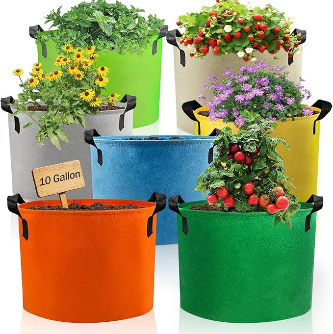 Grow Bags, 7 Pack Colorful 10 Gallon Grow Bags, Reusable Fabric Grow Bags, Foldable & Washable for Vegetables, Tomato Pots, Garden & Outdoor Growing