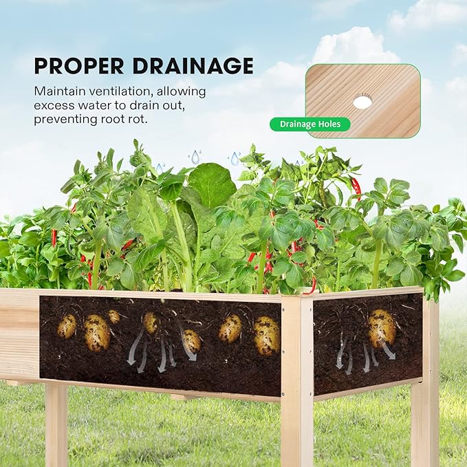 VIVOSUN Elevated Wooden Raised Garden Bed, 48 x 24 x 30 Inches, Outdoor Wood Planter Box w Bed Liner and Gloves for Garden, Patio, Balcony, Backyard and Outdoors, 220-Pound Capacity