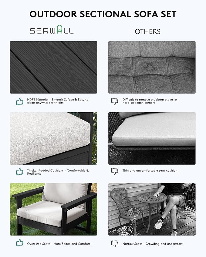 SERWALL HDPE Patio Conversation Set, 6-piece Sectional Outdoor Furniture Set, All Weather Outdoor Couch Set Patio Furniture Set for Deck, Lawn, Black Frame with Khaki Cushion
