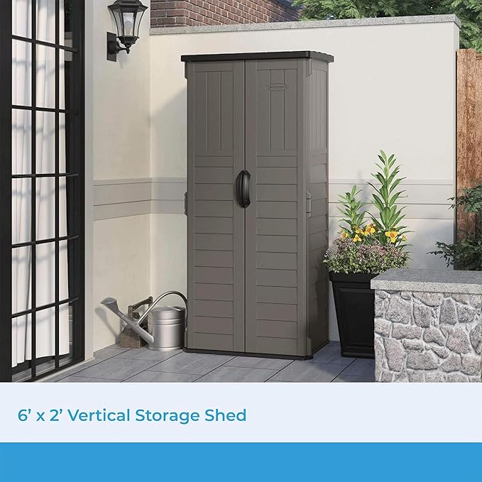Suncast 22 Cubic Ft. Vertical Resin Outdoor Storage Shed with Lockable Double Doors, Weather-Resistant Multi-Wall Panels, Stoney