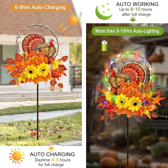 Solar Thanksgiving Turkey Outdoor Decor with Multi-Colorful Lights,Fall Yard Sign Garden Stake for Pathway,Patio or Farmhouse Porch