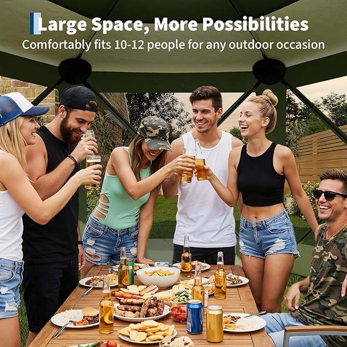 11.5x11.5FT 6-Sided Pop Up Gazebo Tent，One-Push Setup Canopy Tent with Mesh Panels & Removable Wind Cloths, Outdoor shelter for Camping, Backyard Parties, Outdoor Events - Army Green