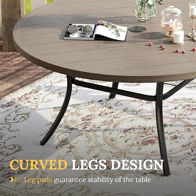 VICLLAX Large Patio Dining Furniture Set, Outdoor Dining Set for 10-60" Round Outdoor Table and Patio Stackable Chairs, Grey Wood-Like Tabletop and Dark Grey Fabric