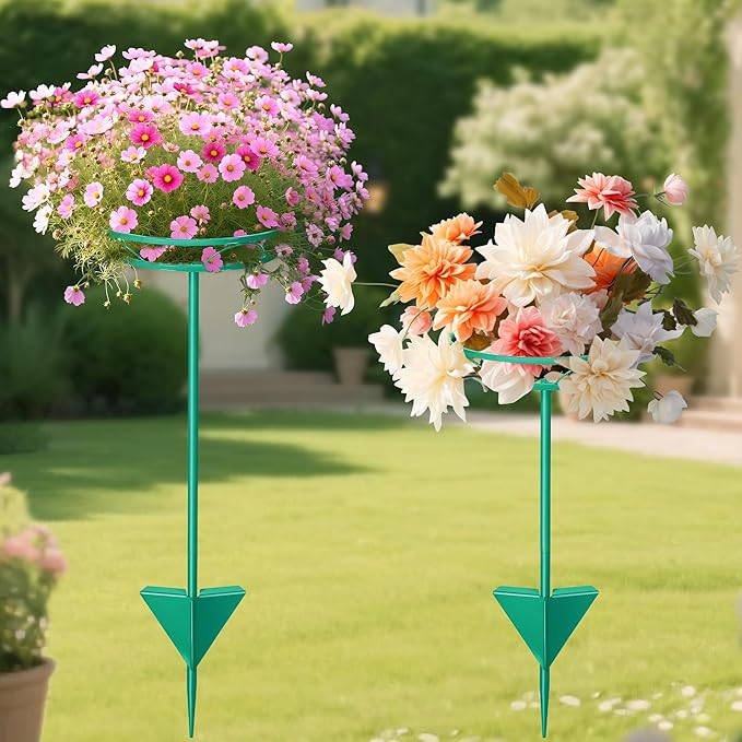 Tellingyou 2 Pack Adjustable Outdoor Flower Pot Stand, Metal Outdoor Plant Stands, Spring Summer Versatile Plant Stand Garden Stake for Display Plants, Elegant Solution for Landscaping Decor (Green)