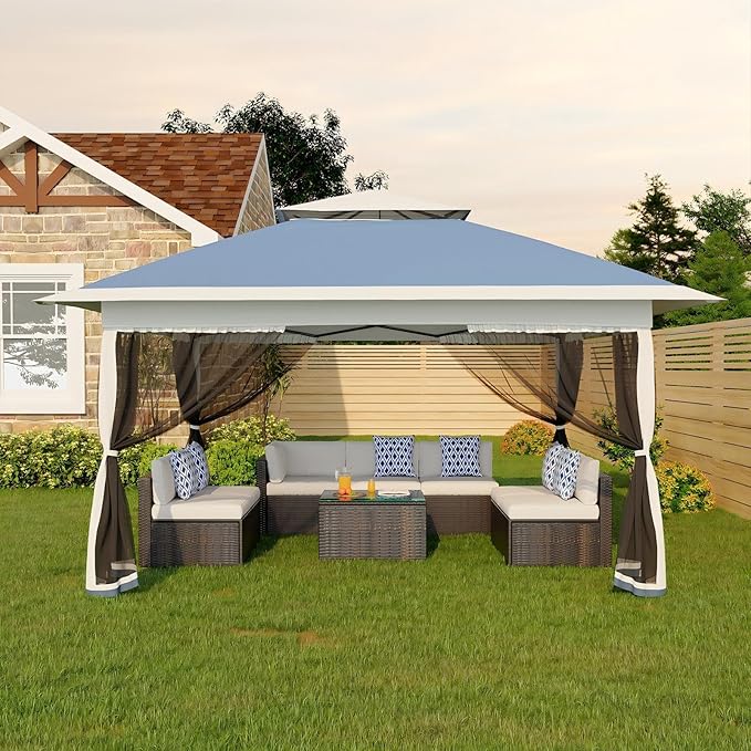 Canopy Tent 12x12 ft, Pop Up Gazebo One-Push Setup with 4 SandBags for Backyard Parties and BBQs, Mosquito Netting & Height Adjustable - Navy Blue