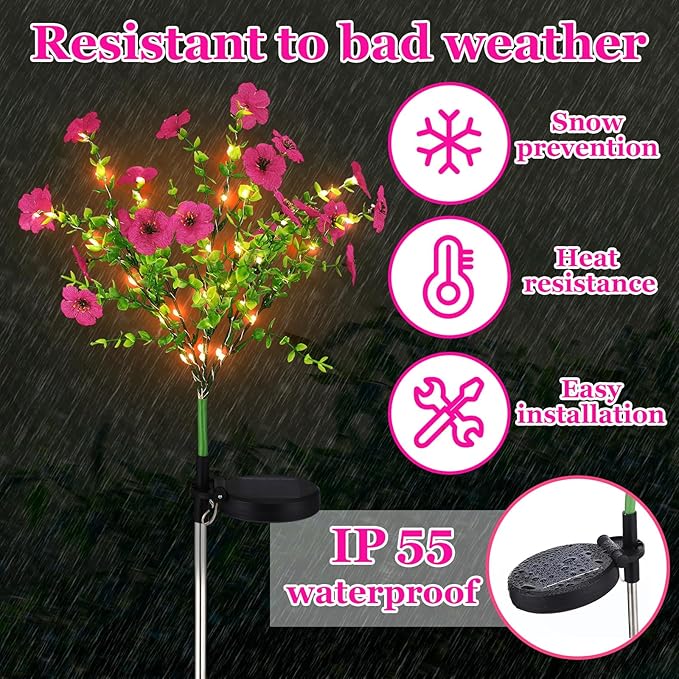 2 Pack Solar Stake Lights Outdoor Decor Waterproof Mums Artificial Flowers Solar Lights for Outdoor Garden Yard Pathway Decor (Rose Red,Violet)