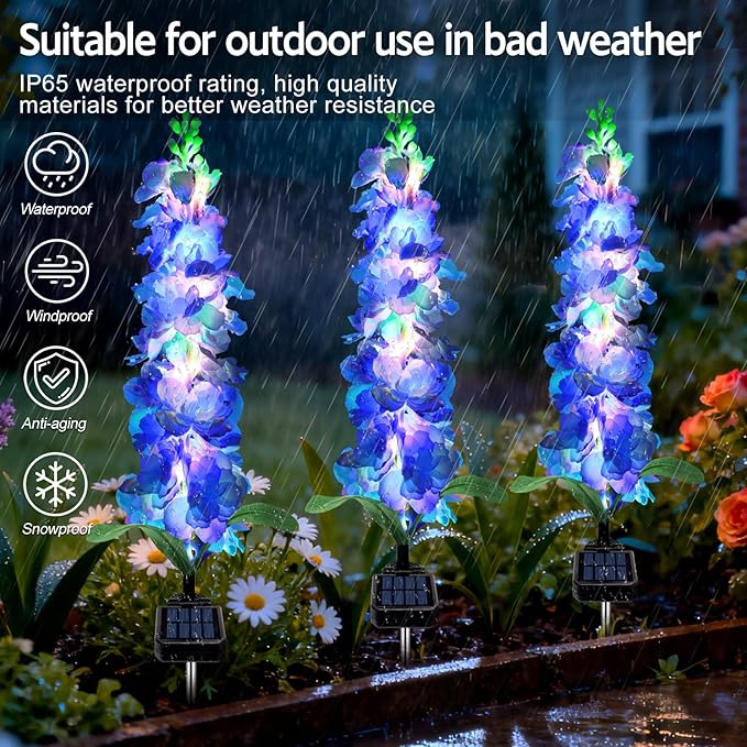 Solar Garden Lights, Solar Blue Delphinium Flowers Lights 4 Pack 80 LEDs, Waterproof Outdoor Light Two Lighting Modes for Outside Wedding Party Garden Yard Patio Lawn Decor