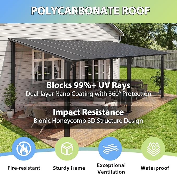 Aoxun 20'x10' Gazebo for Patio, Premium Pergola with Sloped Roof, Large Wall-Mounted Heavy Duty Awnings, for Backyard, Patio, Deck and More