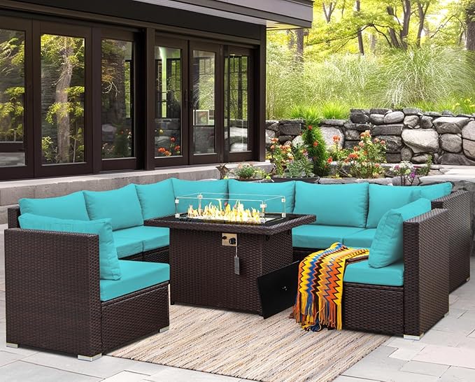 NICESOUL 9 Piece Patio Sectional Set with Firepit Natural Gas/Propane, 29.3'' High Back Tall Big Outdoor Conversation Couch Sets, Wide Sitting Furniture for Outside, Brown Rattan and Teal Cushion
