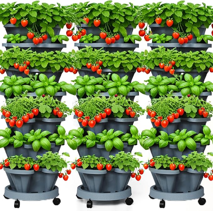 7 Tiered Strawberry Planters 3 Pack, Vertical Stackable Planter, Herb Stacking Tower Garden, Flower and Vegetable Planters with Support Pole Indoor & Outdoor with Removable Wheels Dark Grey