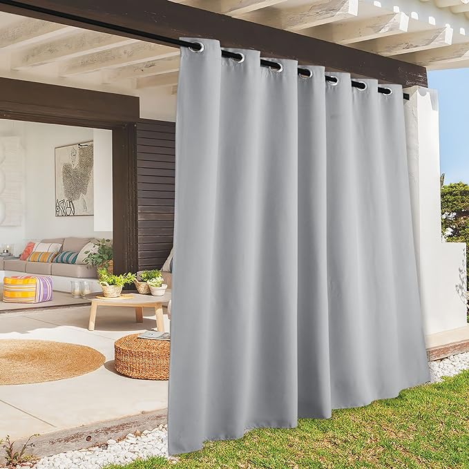 RYB HOME Extra Wide Outdoor Curtains for Patio Waterproof Heavy Duty Thermal Insulated in Summer Full Coverage Privacy for Gazebo, Cabana & Pergola, W100 x L90, Light Grey, 1 Panel