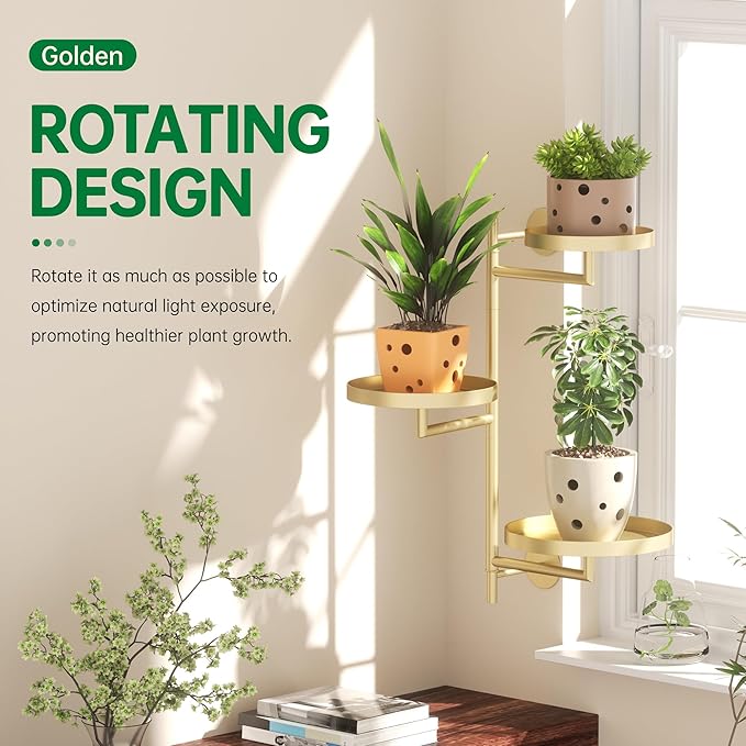 Rotating Window Shelves for Multiple Plants Indoor,3-tier Metal Corner gold Plant Stand Holder Floating Hanger Shelf for Wall，Windows Sill Gifts for Planter Lover to Enhance Home Decor