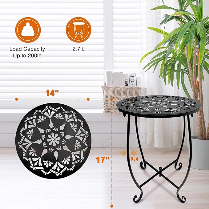 Patio Side Table, Weather Resistant Metal Side Table, Small Round Outdoor End Table Accent Side Table for Patio Yard Porch Balcony Garden Bedside Plant Stand Indoor Outdoor (H 17Inch) (1)