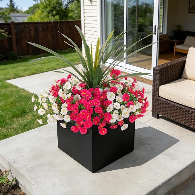 Artificial Flowers for Outdoors Fake Plants Outside, 12 Bundles Silk Morning Glory with Eucalyptus + Orchid Leaf UV Resistant Realistic Faux Flowers for Porch Planter Garden Patio (White Hot Pink)