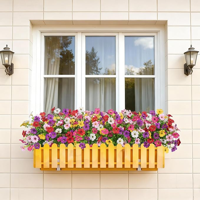 Bassion Artificial Flowers for Outdoors, 24 Bundles UV Resistant Fake Flowers Realistic Silk Faux Plants for Outdoor Planter Window Box Porch Patio Garden Home Outside Decorations