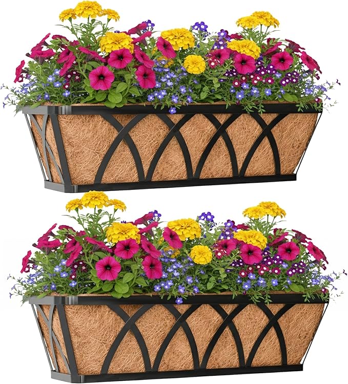 Window Deck Railing Planters Boxes with Coconut Liner, The Bottom Flat Window Boxes Planter Flower Boxes Metal Black Balcony Planters Railing Hanging for Outdoor Fence Porch Patio Lawn(2Pcs 30 Inch)