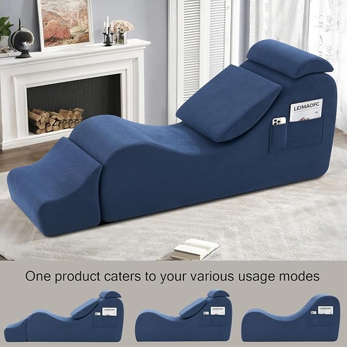Yoga Chairs for Adults, Ergonomic Chaise Lounge Chair Indoor with Side Pocket, Lumbar Pillow, Ottoman, Yoga Chair Perfect for Stretching, Relaxation, Exercise, Used in Bedroom, Living Room (Blue)