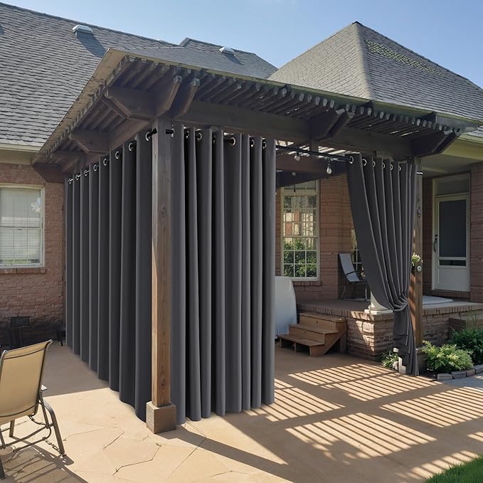 RYB HOME Outdoor Curtains for Patio Waterproof Block Sunlight Thermal Insulated Privacy Assured Thick Outside Curtains for Deck, Balcony, Pool, W52" x L63", Grey, 1 Panel