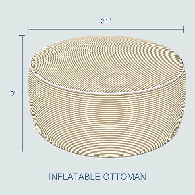 LVTXIII Outdoor Inflatable Ottoman, 21"x21"x9" Patio Fade-Resistant Footrest Stool with Handle, Portable Round Ottoman Pouf for Patio Garden, Camping or Home Use, Stripe Beige
