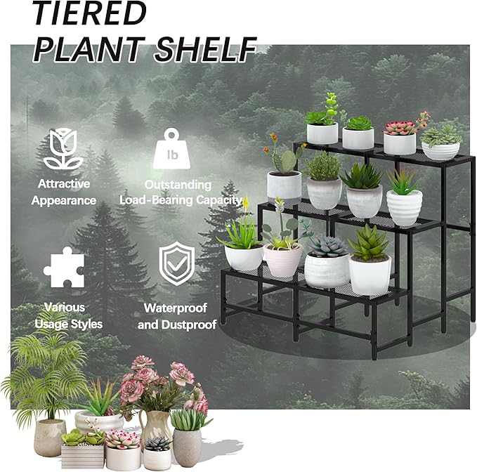 Garden 4 you 3 Tier Split Type Large Metal Plant Stand Stackable, Garden Display Shelf Flower Pot Holder Storage Organizer Rack for Indoor Home Outdoor Patio Balcony Yard( Black,Rectangle)