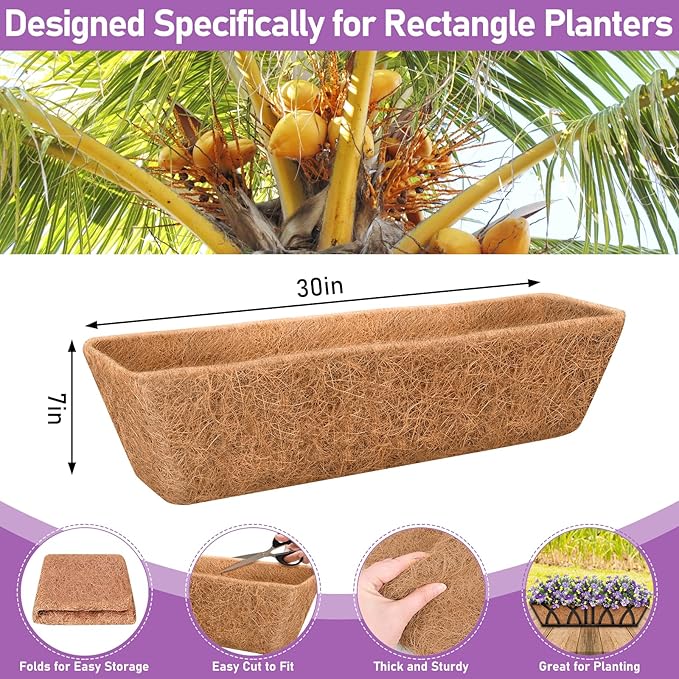 Riare 4 Pack 30 Inch Rectangle Coconut Liners for Planters, Natural Coconut Fiber Planter Liners, Window Box Liner Trough Coco Liner for Outdoor Flower, Garden Wall, Deck & Fence Planter Boxes