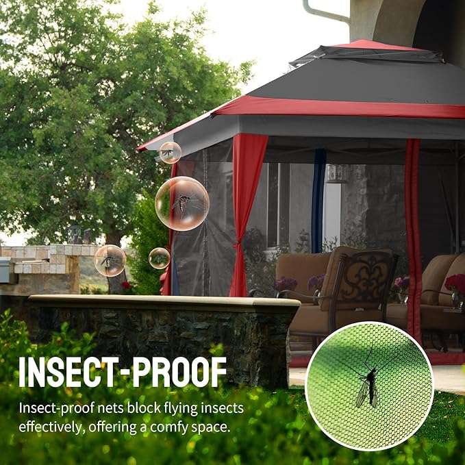 CROWN SHADES 11x11 Pop Up Gazebo, Patented One Push Outoor Canopy Tent with Wheeled STO-N-Go Cover Bag, Pop Up Canopy with Netting for Patio, Backyard (11x11, Red &Grey)