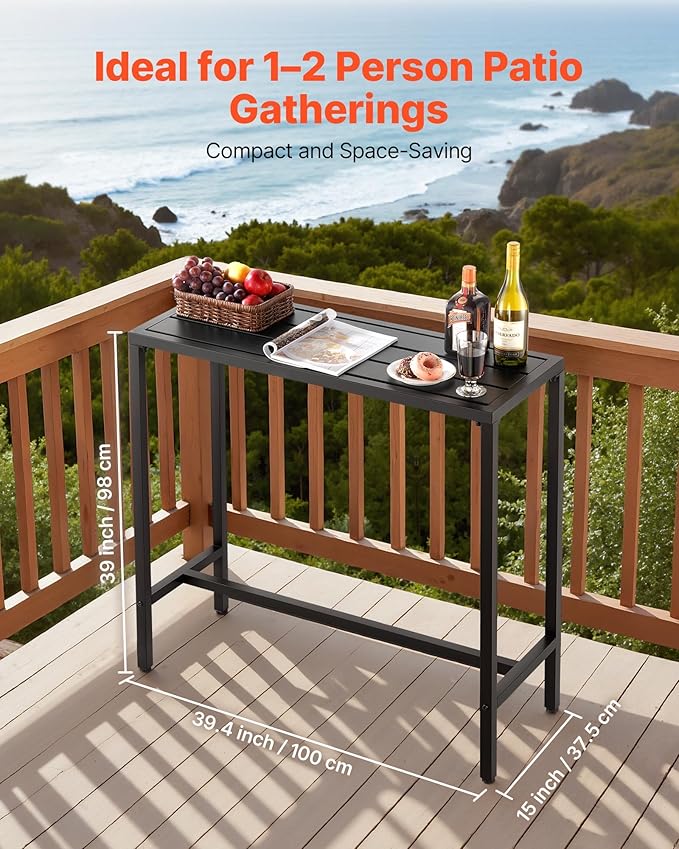 VEVOR Outdoor Bar Table, 39.4 x 15 in Patio Bar Table, Waterproof Top & Sturdy Metal Frame, Rectangle Counter Height Dining Tables, Outdoor Furniture for Balcony, Yard, Hot Tub, Poolside, Indoor
