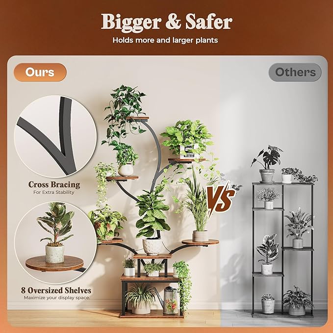 PRAISUN 51 Inch Plant Stand with Grow Lights, 8 Tiered Indoor Plant Shelf with Larger Flower Holder, Curved-tubed Design, 3 Light Modes, Corner Plant Rack for Living Room, Rustic Brown