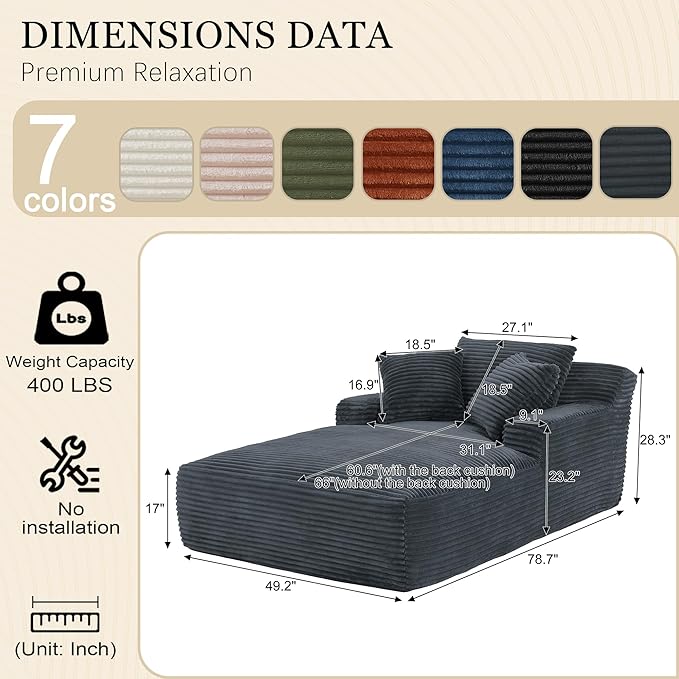 80 Inch Chaise Lounge Chair Indoor, Oversized Corduroy Upholstered Boneless Sofa Bed, Deep Seat Sleeper Couch Reading Chairs, Cloud Sofas Couches for Living Room, No Assembly Required (Dark Grey)