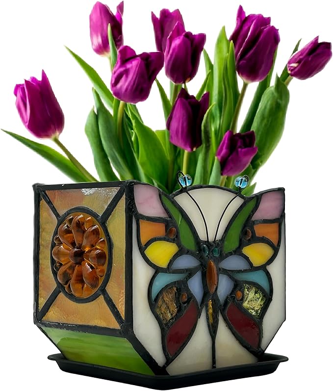 Handcrafted Stained Glass Butterfly Planter, Cute Planters for Indoor Plants,Decorative Indoor Flower Pot, Cactus Pot, with Drainage,Home Garden Decor