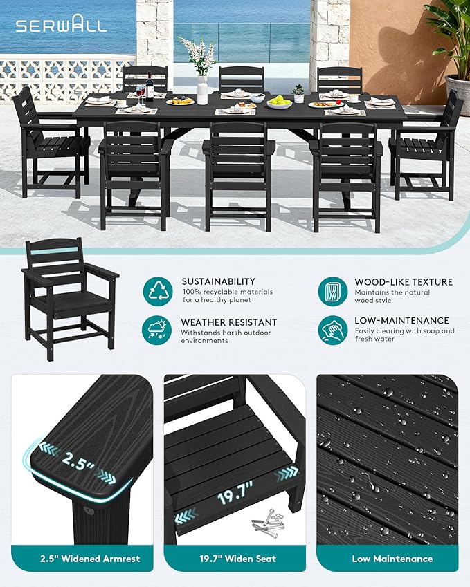 SERWALL Outdoor Dining Chairs Set of 4, All-Weather HDPE Patio Chair with 19.7" Widened Seat, for Backyard, Garden, Black