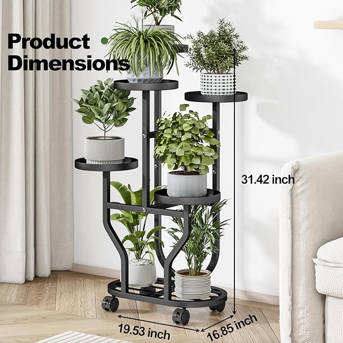Plant Stand 5 Tier Indoor Outdoor Metal Flower Shelf with Wheels Multi Plants Holder Display Rack for Garden Patio Balcony Living Room Black (Black, 5 Tier)