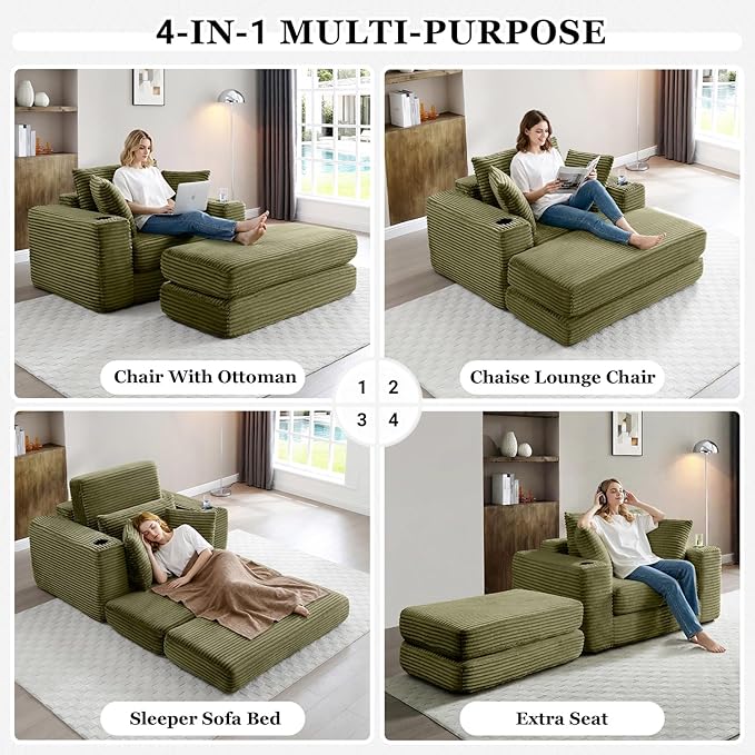 HANXIN 62" Chaise Lounge Chair Indoor, Oversized Corduroy Boneless Convertible Chaise Lounge Couch Sleeper Chair with Ottoman, Deep Seat Reading Chair, No Assembly Required (Green)