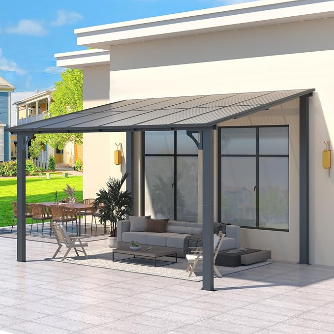 AECOJOY 12' x 8' Gazebo Outdoor Pergola for Patio, 8'x12' Hard Top Lean to Pergolas and Gazebos Clearance with Patio Roof Shelter, Large Wall-Mounted Heavy Duty Awnings for Decks, Backyard
