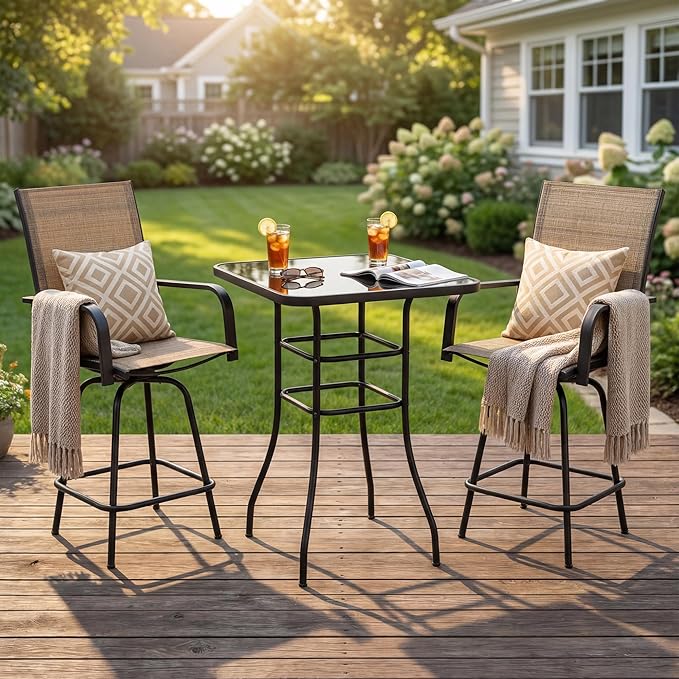 Homall 3 Piece Outdoor Patio Swivel Bar Stools Set, High Top Table with 2 Textilene Fabric Chairs, Counter Height Bistro Furniture for Balcony, Backyard, Poolside, Brown