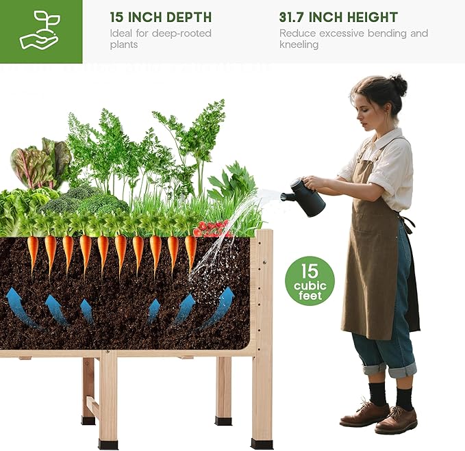 AMERLIFE 7x2 Ft Raised Garden Bed, 16 Inch Depth Featuring Legs, Drainage Holes, Ideal for Deep Rooted Vegetables, Flowers, Herbs, Elevated Wood Planter Box for Balcony, Patio, Backyard, Easy Assembly